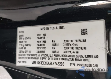 2020 Tesla Model 3 Standard Range Plus Rear-Wheel Drive/Standard Range Rear-Wheel Drive from USA, damaged, VIN 5YJ3E1EA2LF743206